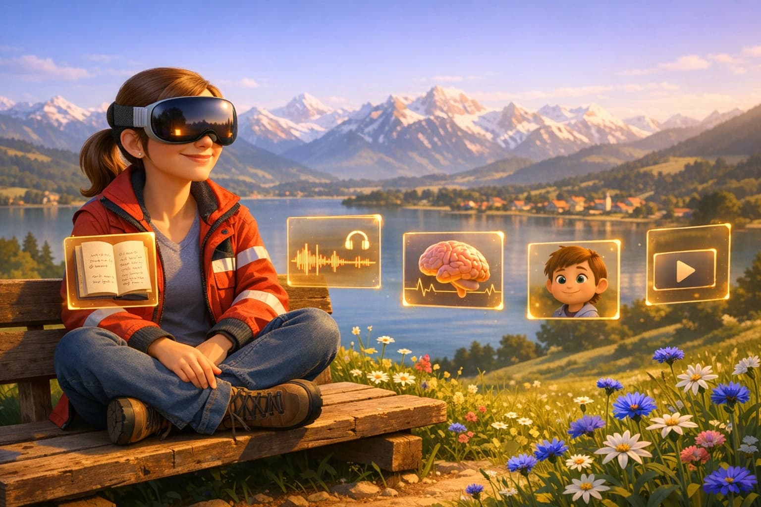Angela mit Apple Vision Pro auf einer Bank am Bodensee, holographische AR-Karten schweben um sie — Skript, Hörspiel, Quiz, Avatar, Video.