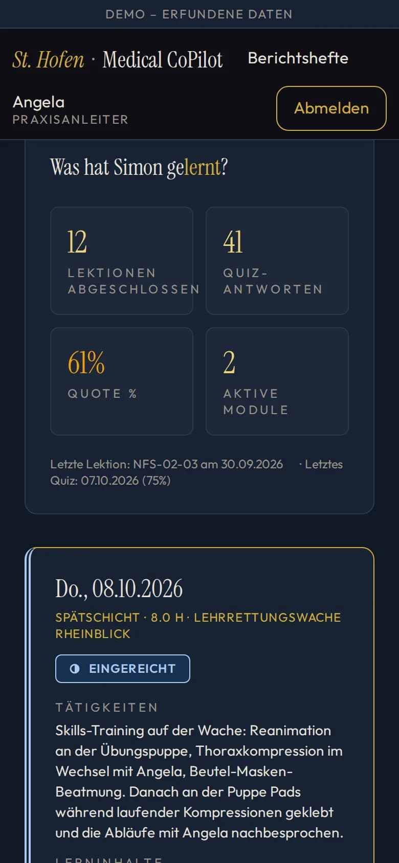 Der Medical CoPilot aus Sicht der Praxisanleiterin Angela, einer erfundenen Figur: Seite zu Simon mit Lernfortschritt (12 Lektionen abgeschlossen, 41 Quiz-Antworten, Quote 61 Prozent, 2 aktive Module) und einem eingereichten Eintrag mit Kommentarfeld und den Schaltflächen Zurückweisen und Freigeben (Bildschirmfoto Handy, Demodaten)
