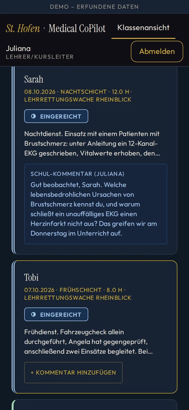 Der Medical CoPilot aus Sicht der Lehrkraft Juliana, einer erfundenen Figur: Klassenansicht mit eingereichten und freigegebenen Einträgen von Sarah und Tobi, dazu ein Schul-Kommentar zu einem Eintrag von Sarah (Bildschirmfoto Handy, Demodaten)