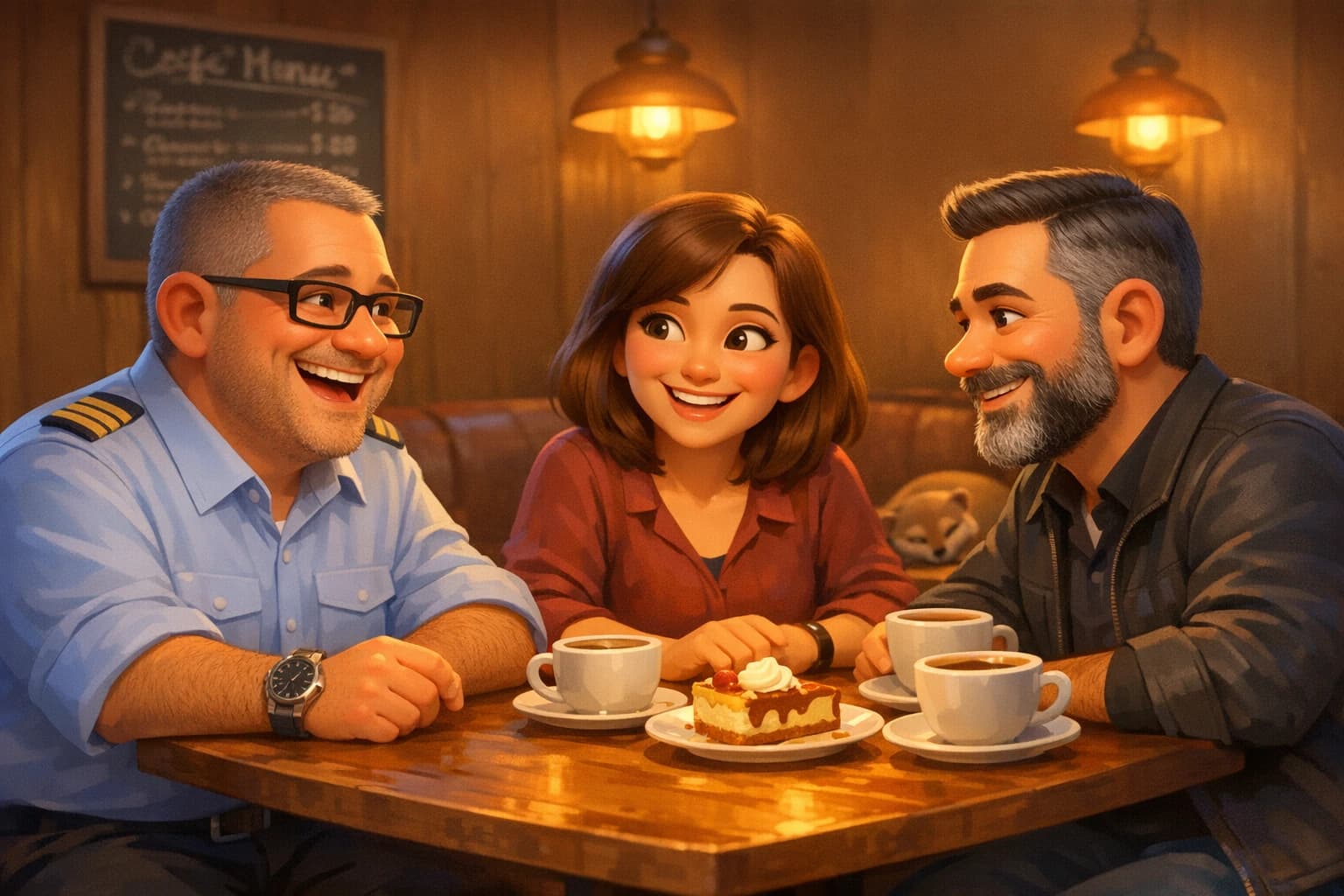 Drei Mentoren am Café-Tisch im Café Herzschlag — Andi, Angela, Michael