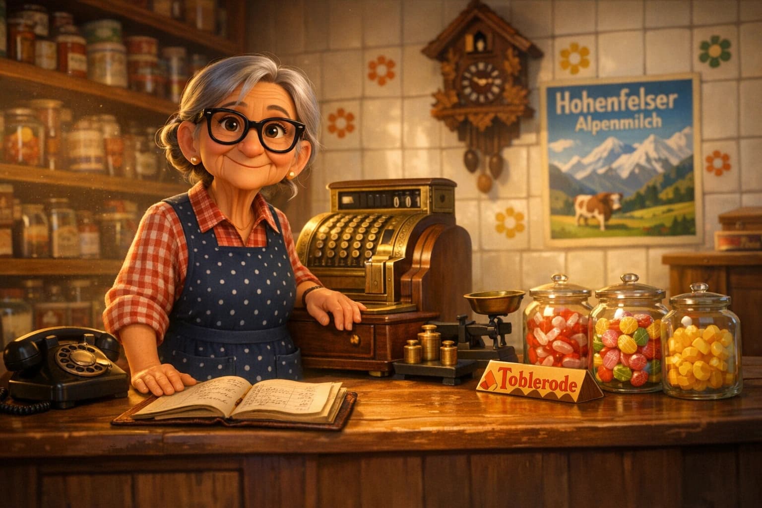 Emma Müller hinter der Theke ihres Tante-Emma-Ladens in Sankt Hofen.
