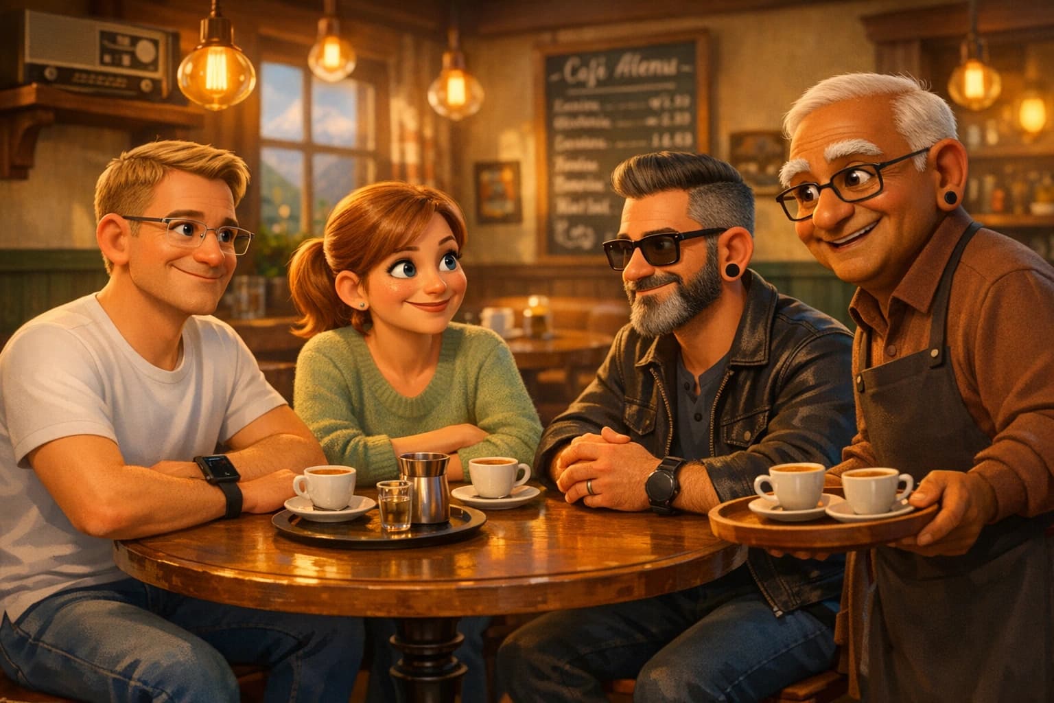 Patrick, Angela und Michael am Tisch im Café Herzschlag, Jadoo bringt Kaffee.