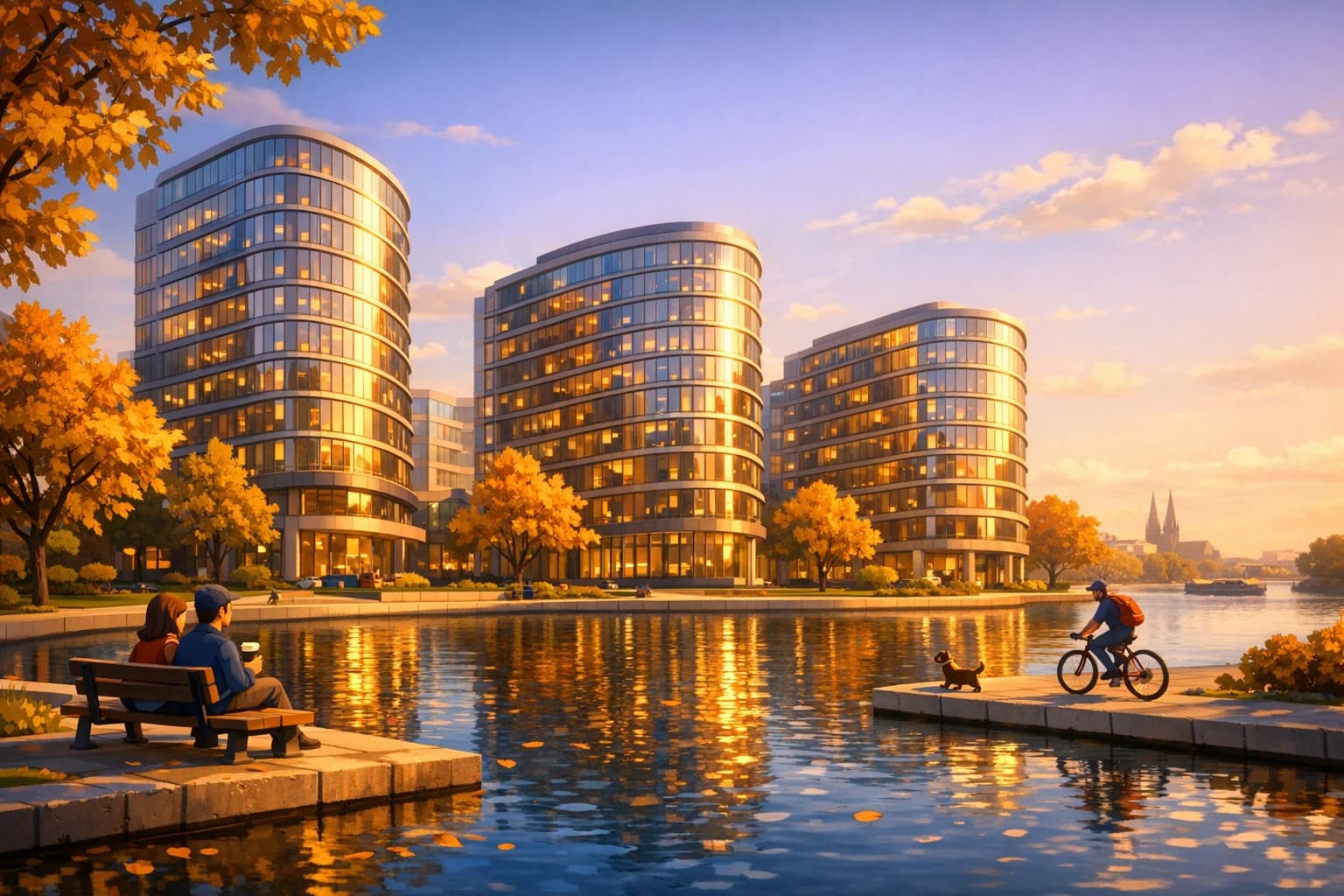 Pixar-stilisierter Blick auf Köln-Mediapark im Abendlicht — Heimat von flow³.